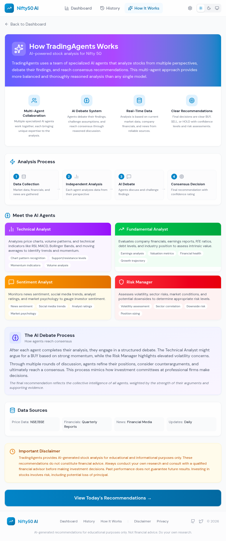 Educational page explaining the multi-agent AI system architecture with agent role cards and structured debate process flow