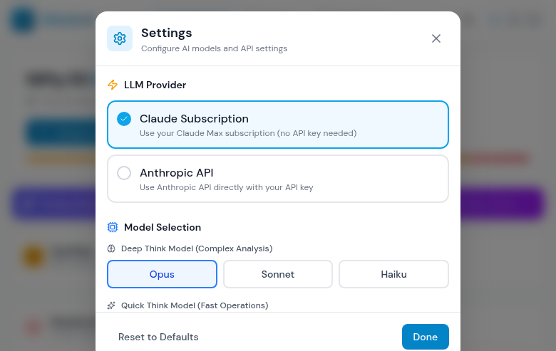 Settings panel for configuring LLM provider selection between Claude and OpenAI, model tier selection, API key management, and debate round configuration