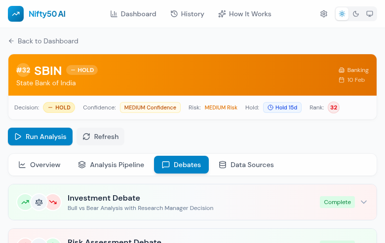 AI-powered investment debate between bull and bear researcher agents with research manager synthesis and final judgment