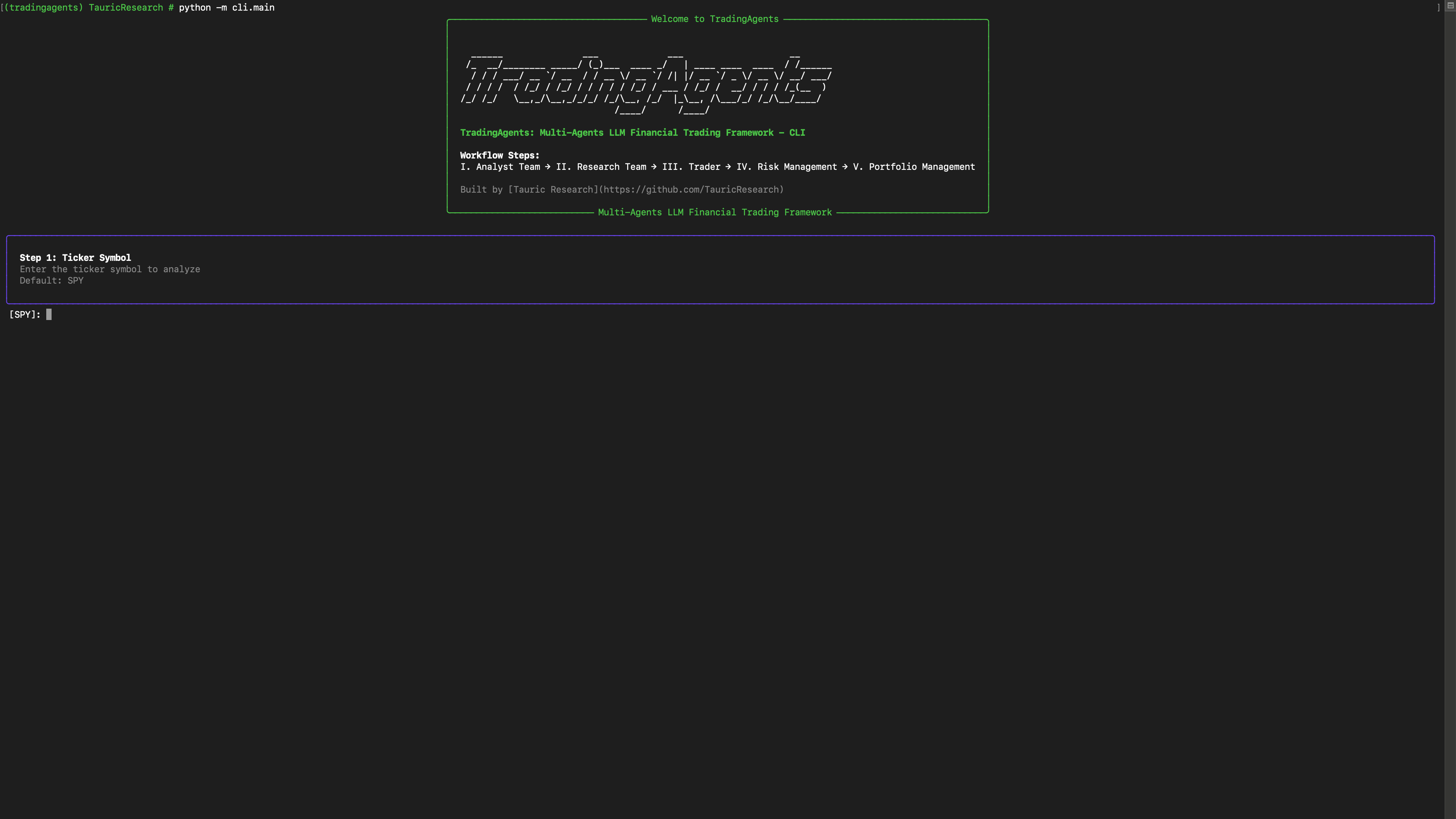 TradingAgents CLI interface showing ticker selection, date picker, and LLM configuration